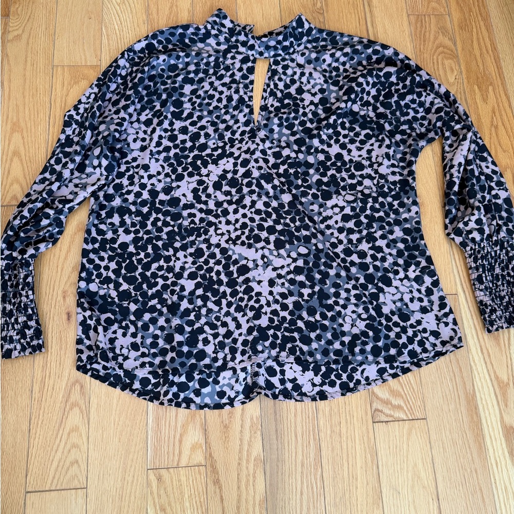 Allison Joy small Black and pink Blouse ruched sleeve mock neck tunic blouse